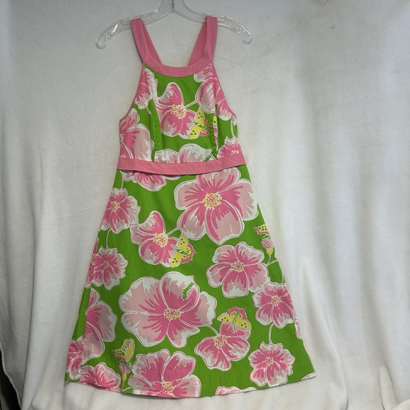 Lilly Pulitzer Dresses & Skirts - Lilly Pulitzer Sz. 8 Green Pink White Floral Round Neck Halter Back Strap Dress